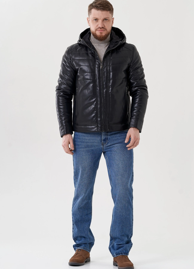Мужская куртка из эко кожи с капюшоном  модель № 24468 меха малина