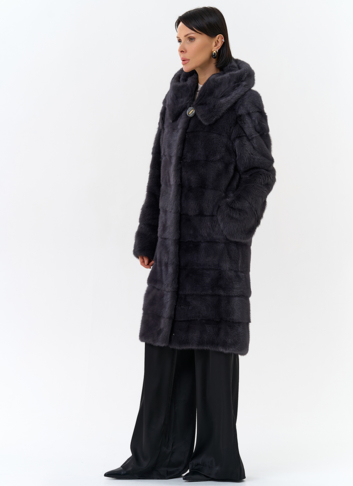 Норковая шуба в цвете графит с капюшоном 