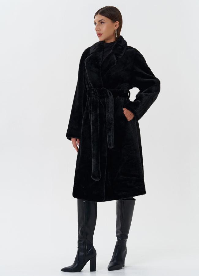 Женское пальто из эко меха с поясом модель № 27687 в рассрочку