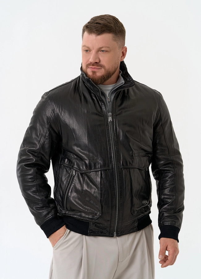 Мужская утепленная куртка из натуральной кожи модель № 32037 меха малина