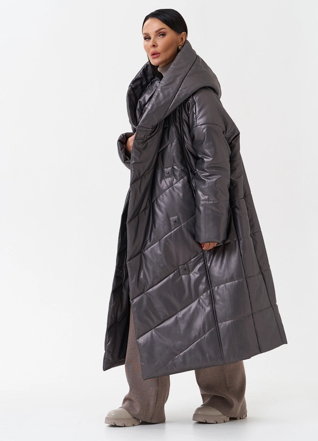 Пуховик из эко кожи с капюшоном модель № 27716 в рассрочку