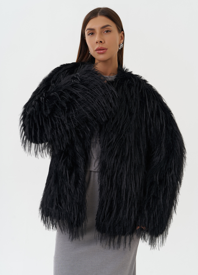 Женская шуба под эко страуса черного цвета модель № 27809 универмаг малина