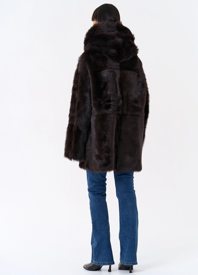 Женская двухсторонняя дубленка с капюшоном модель № 31851 универмаг малина фото