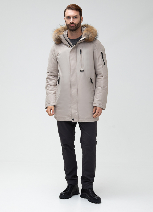 фото Мужской пуховик с капюшоном из меха енота модель № 27999