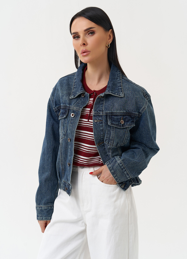 Женская джинсовая куртка синего цвета модель № 30416 меха малина