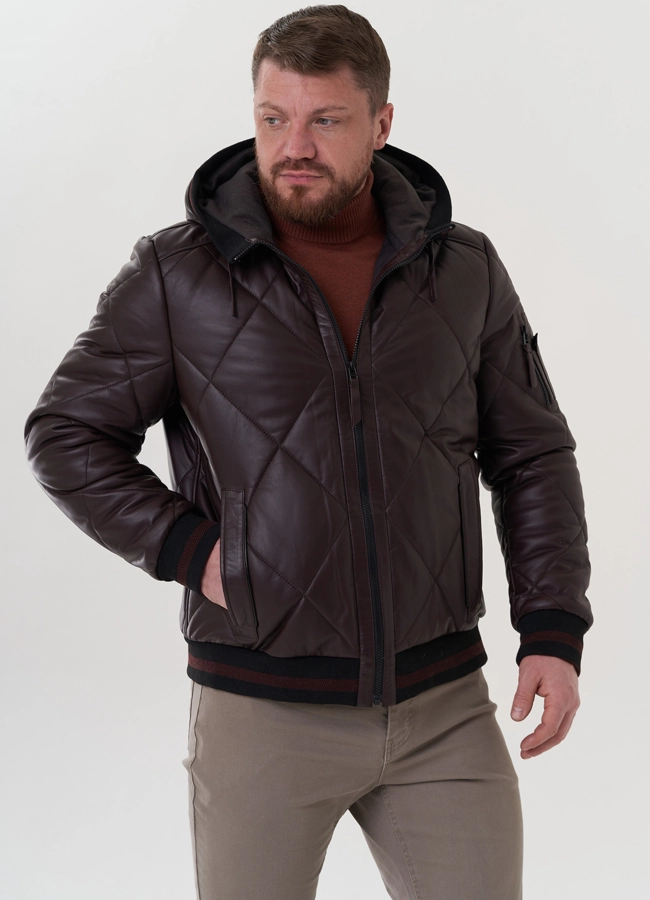 Куртка из натуральной кожи с капюшоном модель № 26996 меха малина