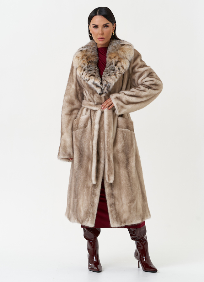 Женская шуба из меха норки с воротником из меха рыси модель № 30669 меха малина