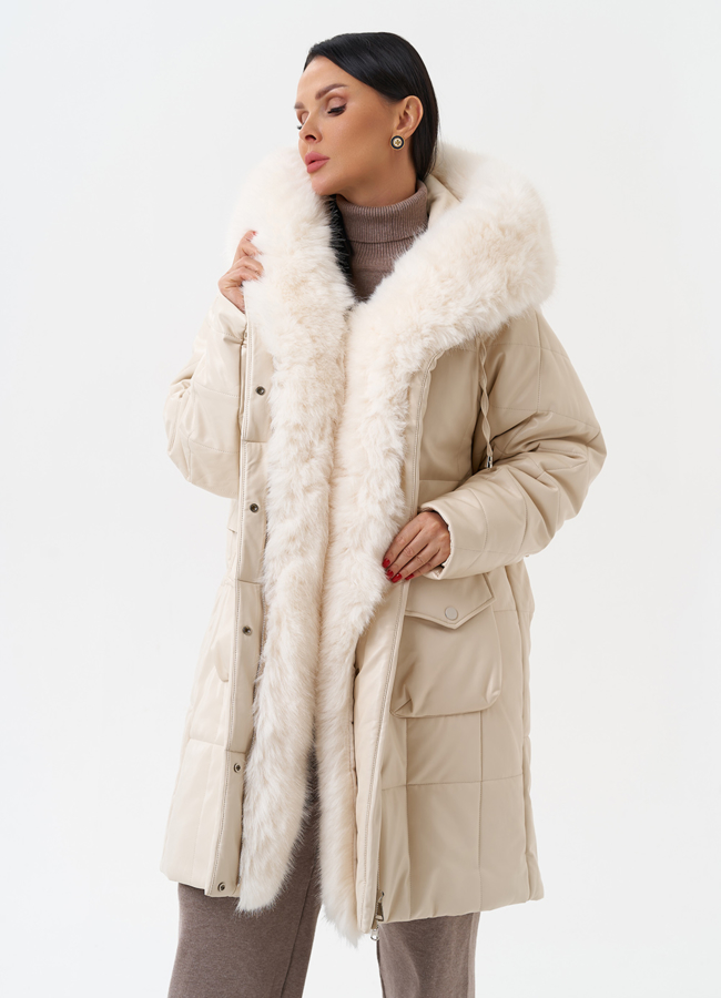 фото Пуховик из эко кожи с капюшоном из эко меха  модель № 27711