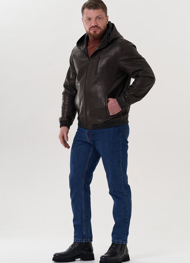 Куртка черного цвета из натуральной кожи модель № 26704 в рассрочку