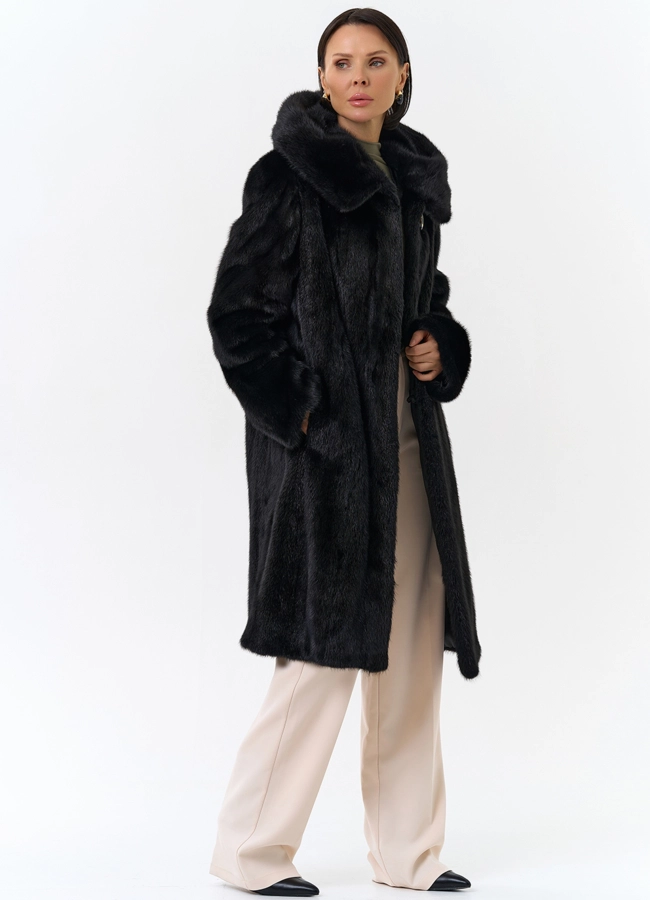 Черная норковая шуба с капюшоном модель № 26158 универмаг малина