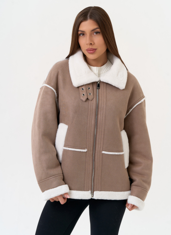 Женская дубленка из эко замши с воротником стойкой