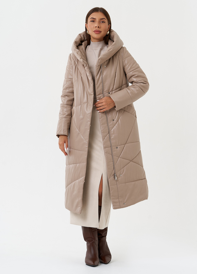 Женский пуховик из эко кожи с поясом модель № 28516 универмаг малина