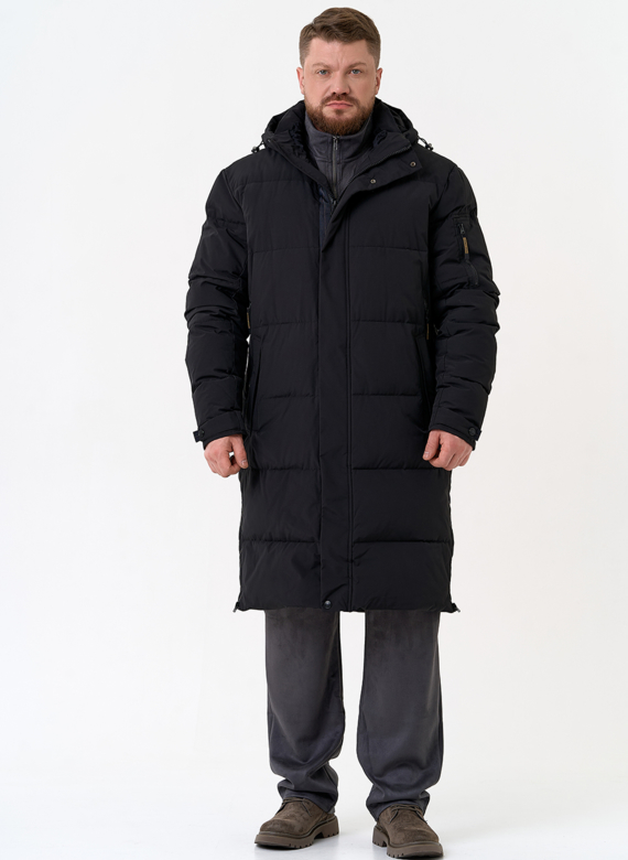 Мужской удлиненный пуховик с капюшоном