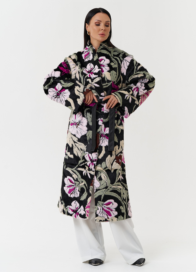 Пальто из эко меха с цветочным принтом модель № 28549 универмаг малина