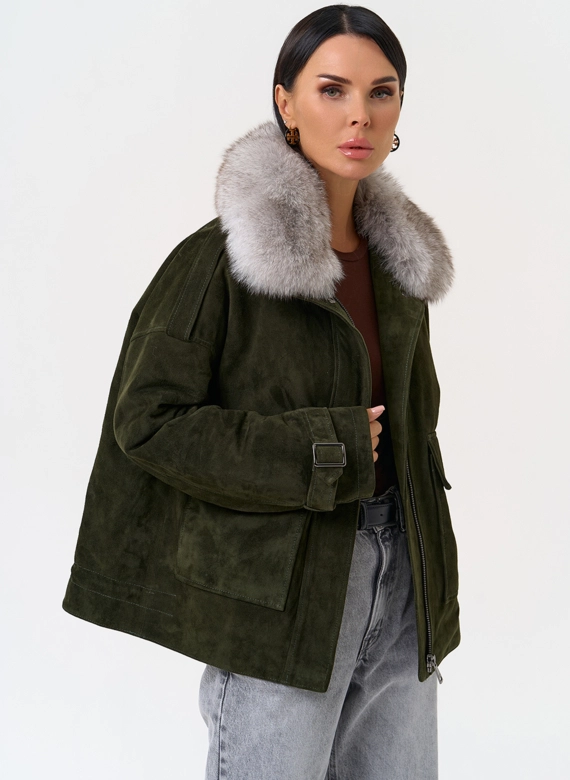 Короткий пуховик из натуральной замши фото