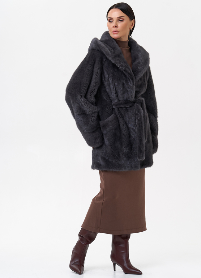 Короткая норковая шуба с капюшоном модель № 29522 в кредит