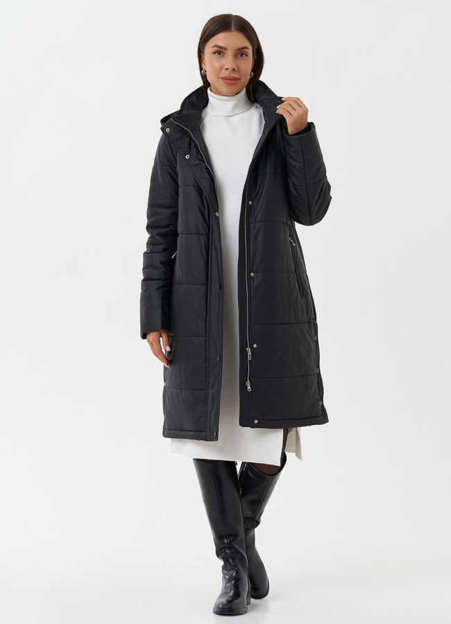 Пуховик из эко кожи с капюшоном модель № 27729 универмаг малина