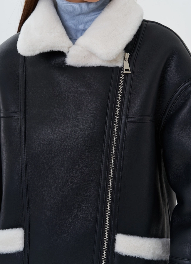 Дубленка из эко кожи черного цвета с черным эко мехом модель № 27693 универмаг малина