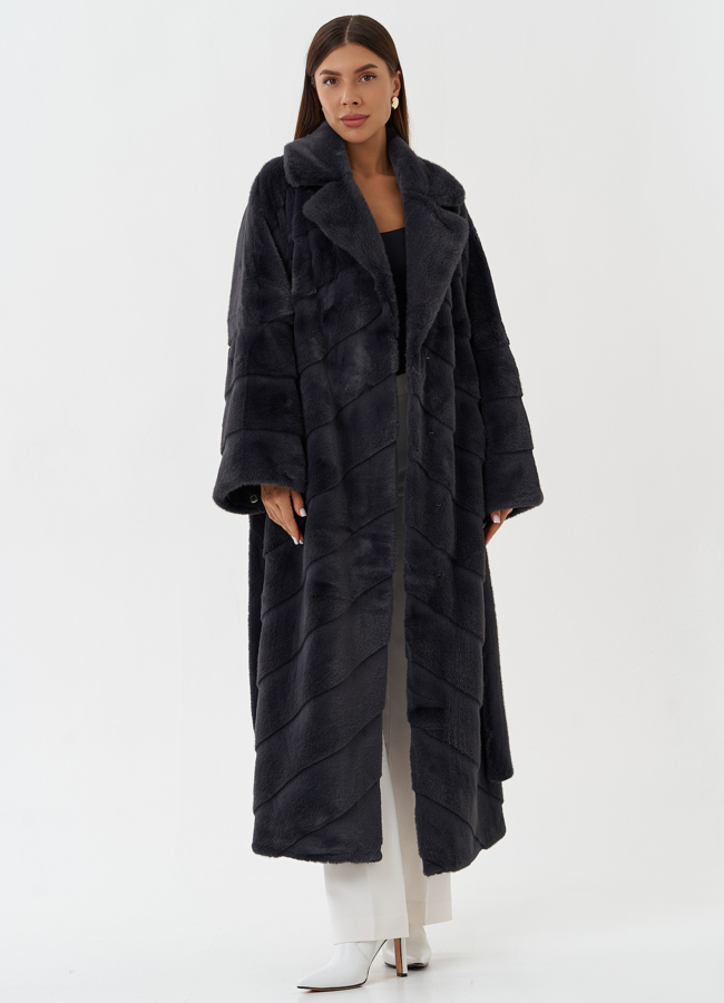 Длинное пальто из эко меха серого цвета модель № 28454 универмаг малина