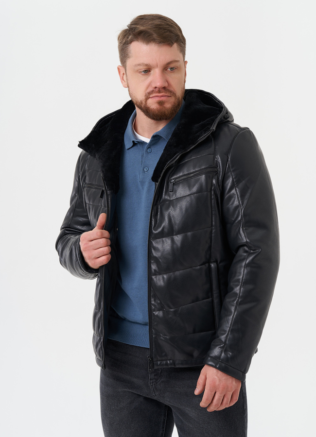 Утепленная куртка из эко кожи с капюшоном модель № 27739 универмаг малина