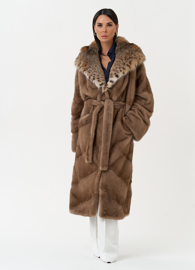 Женская шуба из меха норки с капюшоном из меха рыси модель № 31162 универмаг малина