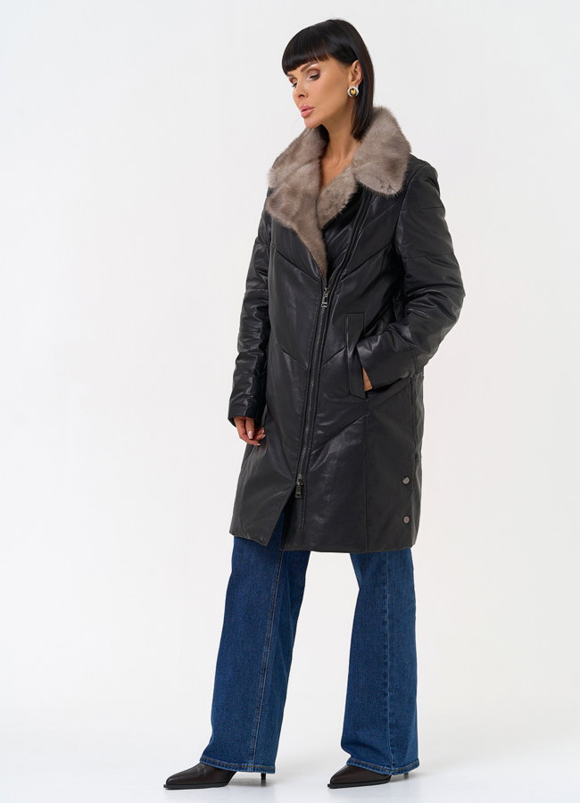 Пуховик из натуральной кожи с воротником из меха норки модель № 31566 универмаг малина